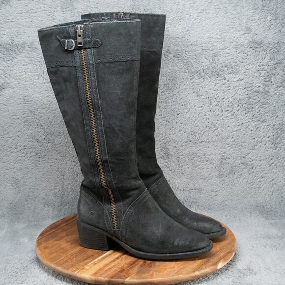 Born Shoes - Born Poly Knee High Zipper Boot Black Suede Size 8.5 M F08603 DD441